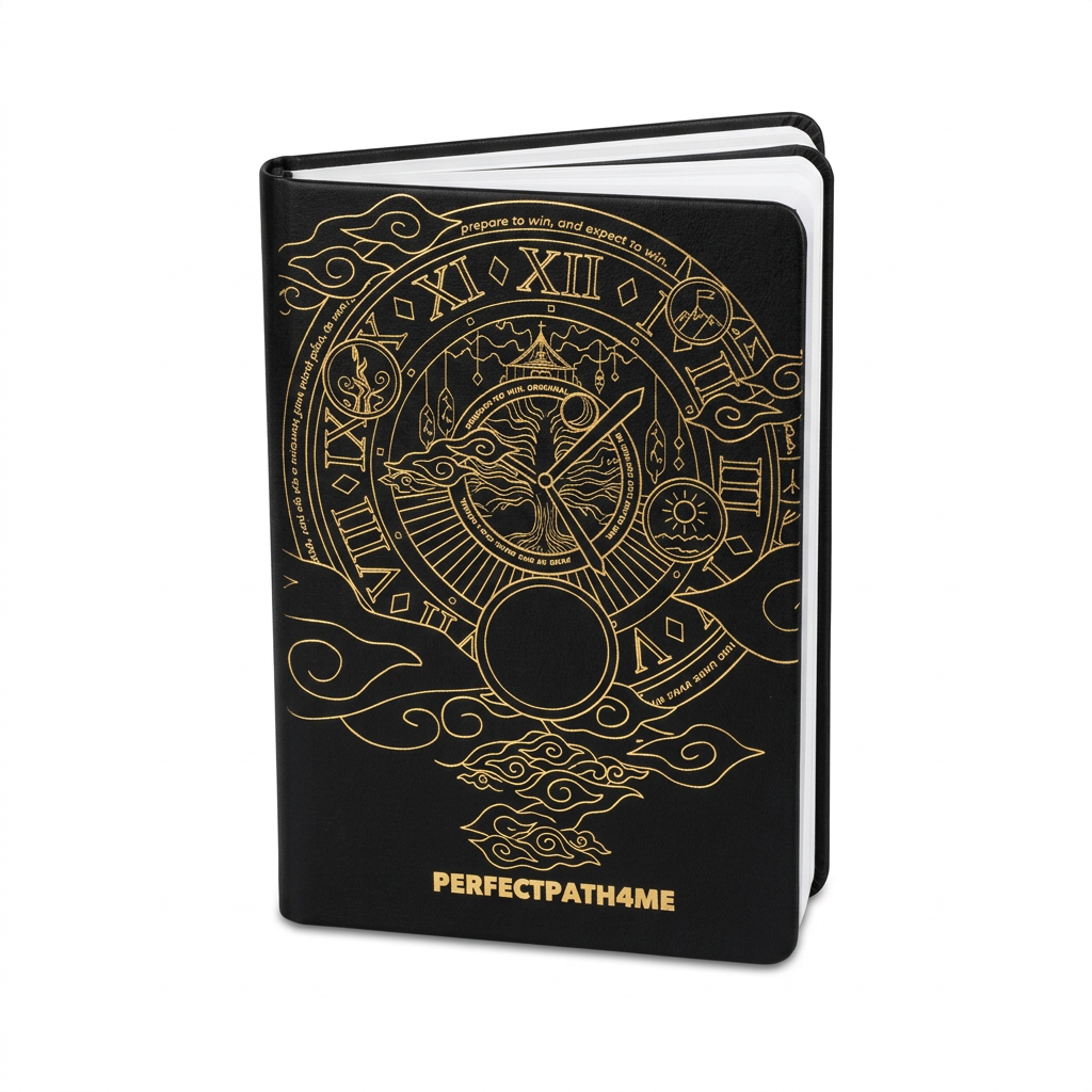 Black PerfectPath4Me manifestation planner with gold cover artwork on a white background