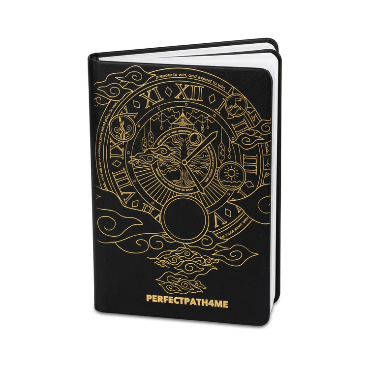 Black PerfectPath4Me manifestation planner with gold cover artwork on a white background