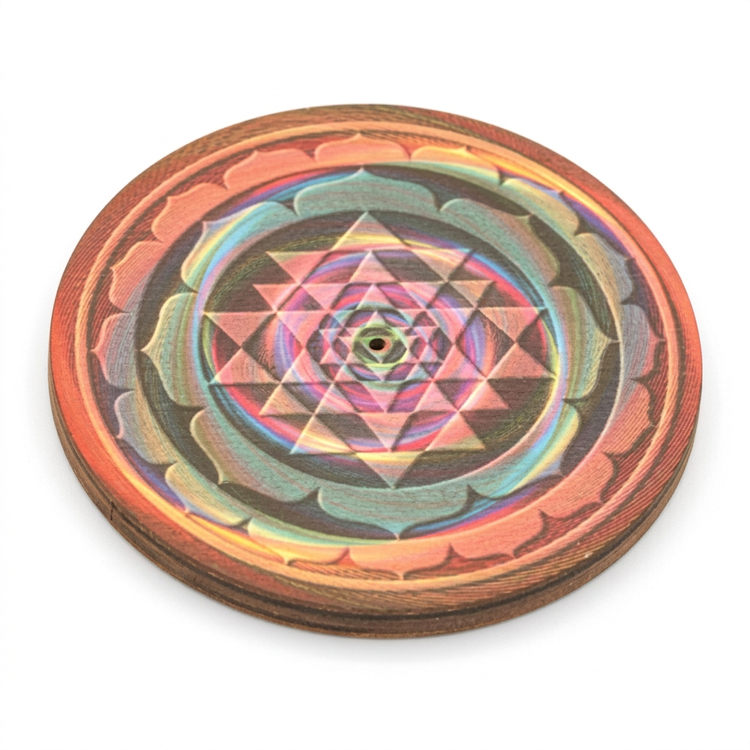 Round wooden incense holder with colorful geometric design