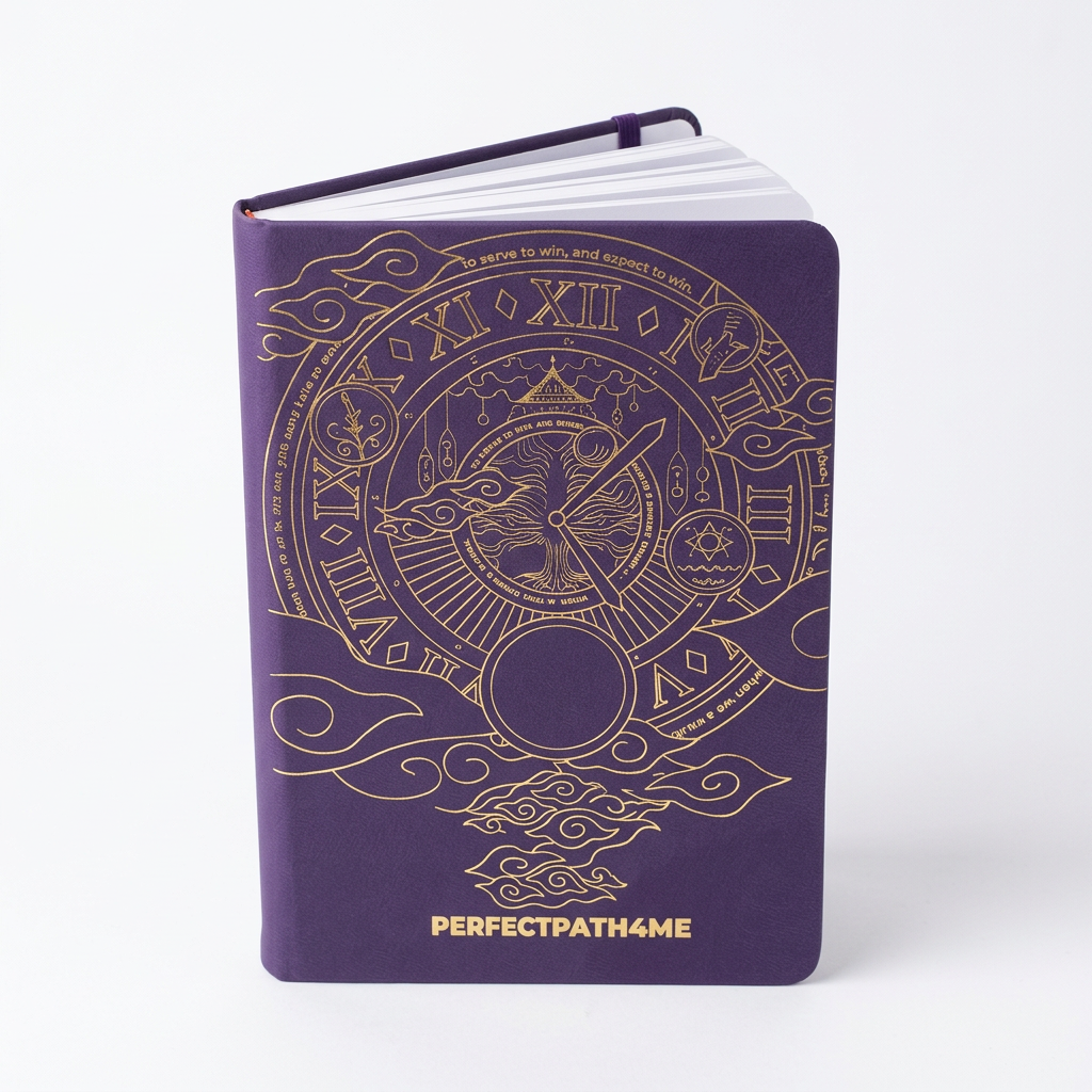 Purple PerfectPath4Me manifestation planner with gold cover artwork on a white background