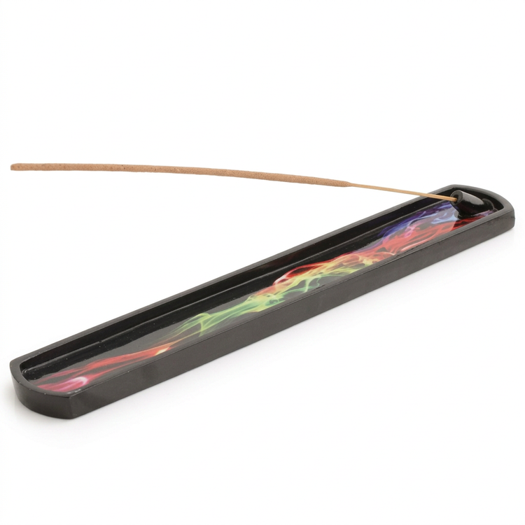 Black polyresin incense boat holder with colorful smoke design