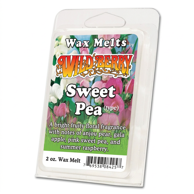 Sweet Pea Wild Berry wax melt package on a clean white background
