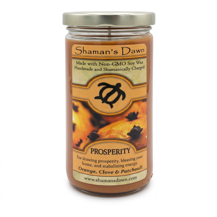Prosperity Candle with silver lid on a clean white background