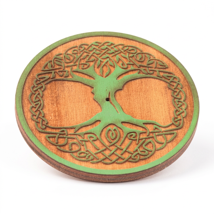 Round wooden incense holder with green Tree of Life design