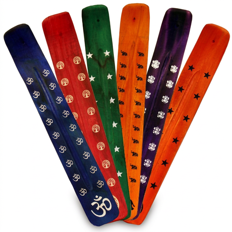 Six colorful wooden incense ash catchers with symbol designs