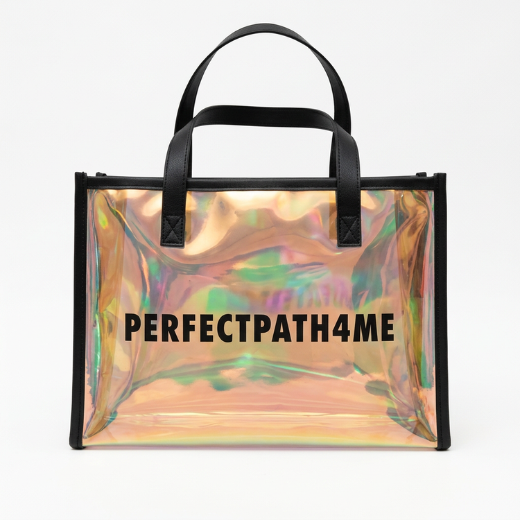 Iridescent PERFECTPATH4ME tote with black handles on a clean white background