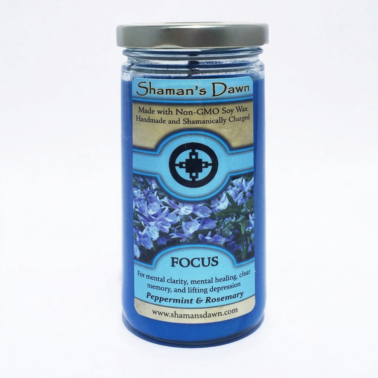 Focus Candle blue glass jar with silver lid on a clean white background